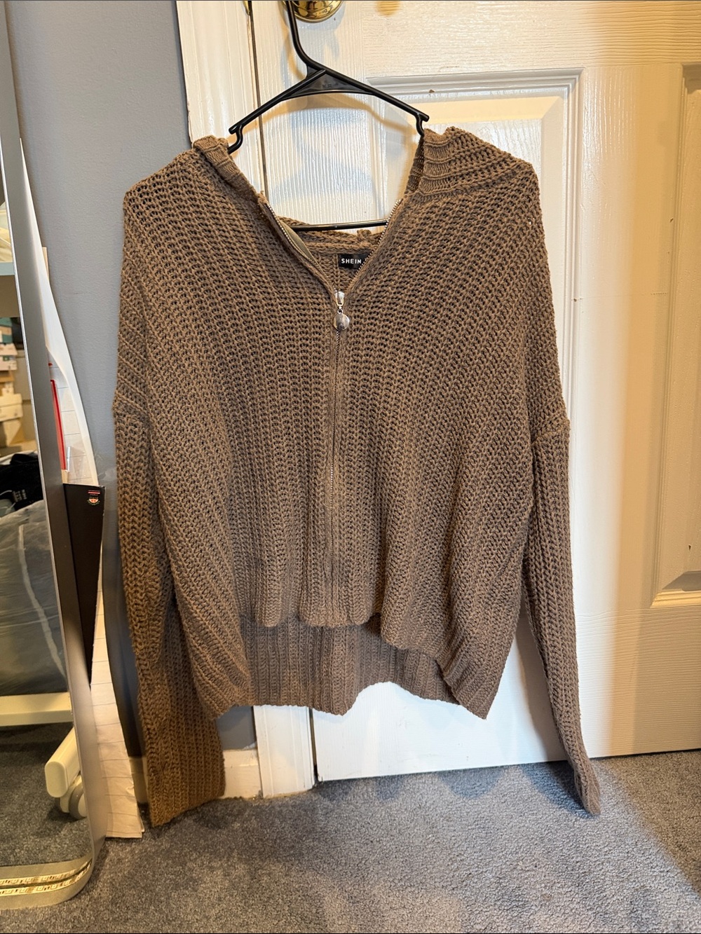 SHEIN Taupe Zip-Front Knit Hoodie Cardigan